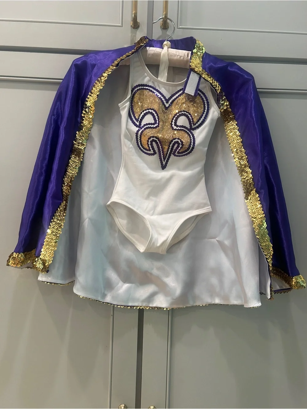 LSU Golden Girl Costume Leotard & Cape Purple Gold Girls S (4/5)
